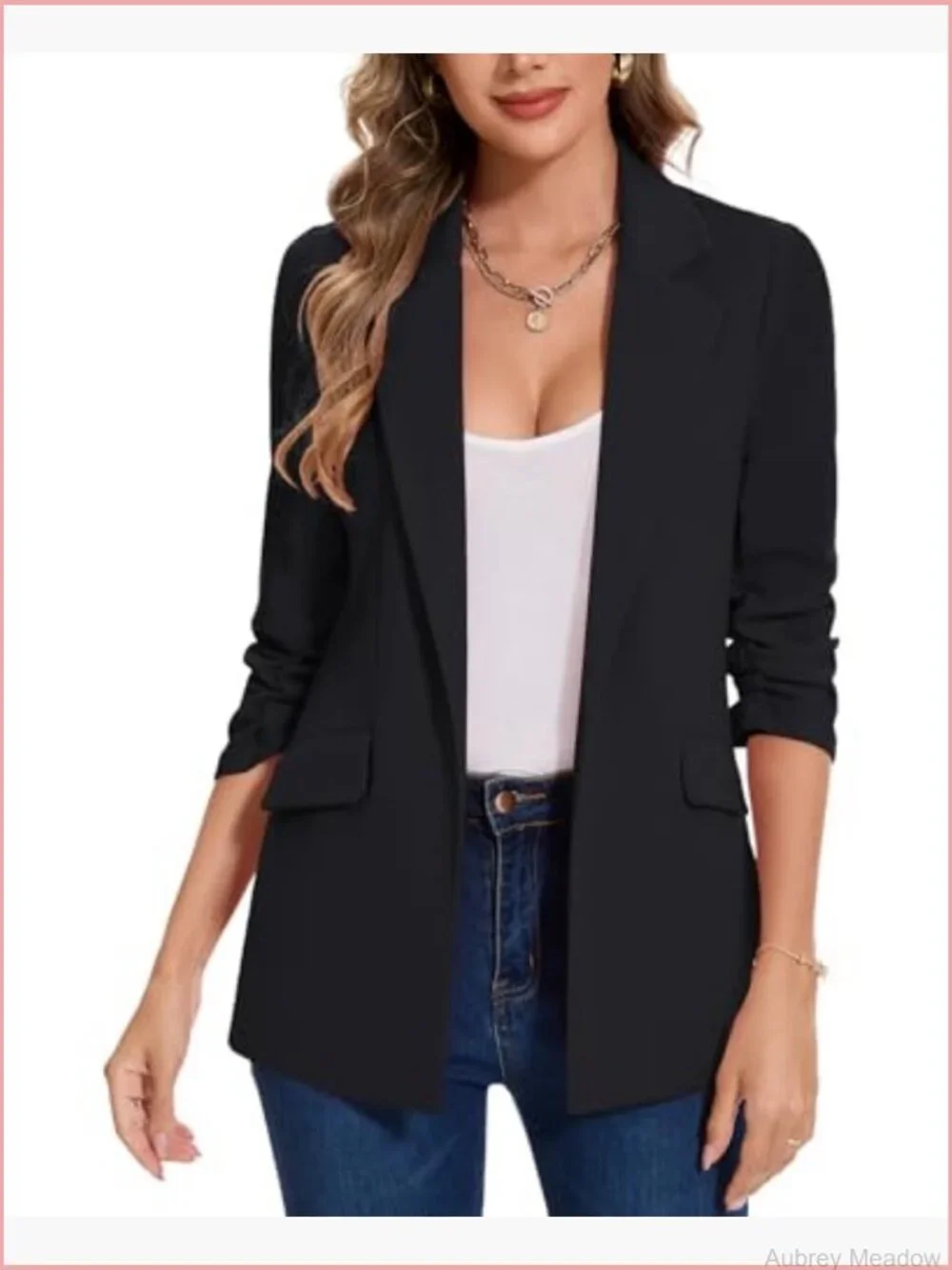 3/4 Ruched Sleeve Blazer Notch Lapel Open Front Jacket with Pockets